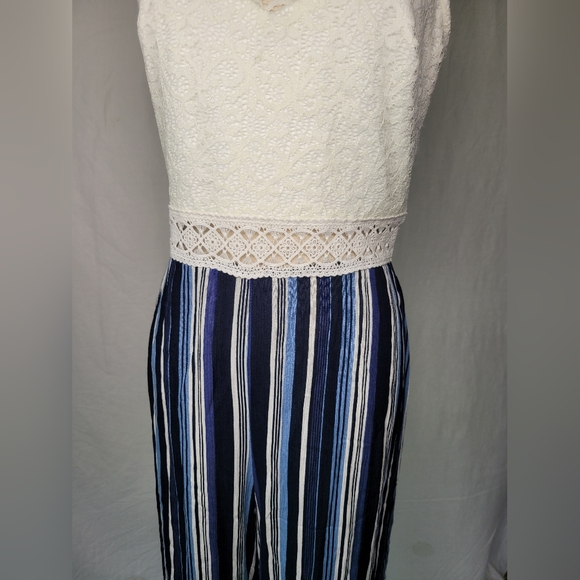 NWT I.N. Blue White Stripe Sleeveless Lace Bodice Wide Leg Jumpsuit, Sz 11 - Picture 4 of 15